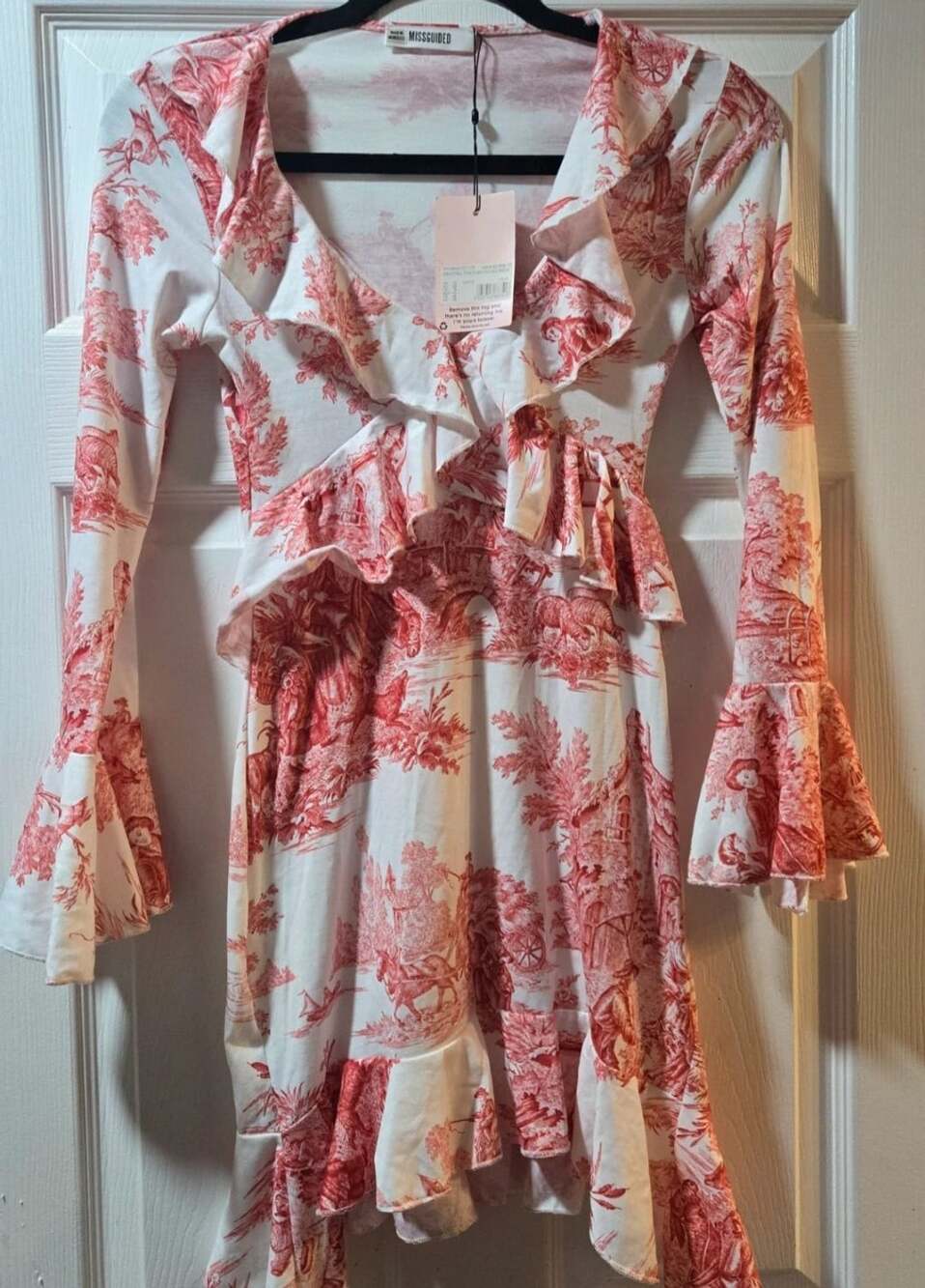 Missguided Wrap Frill Porcelain Tea Mini Dress White Red